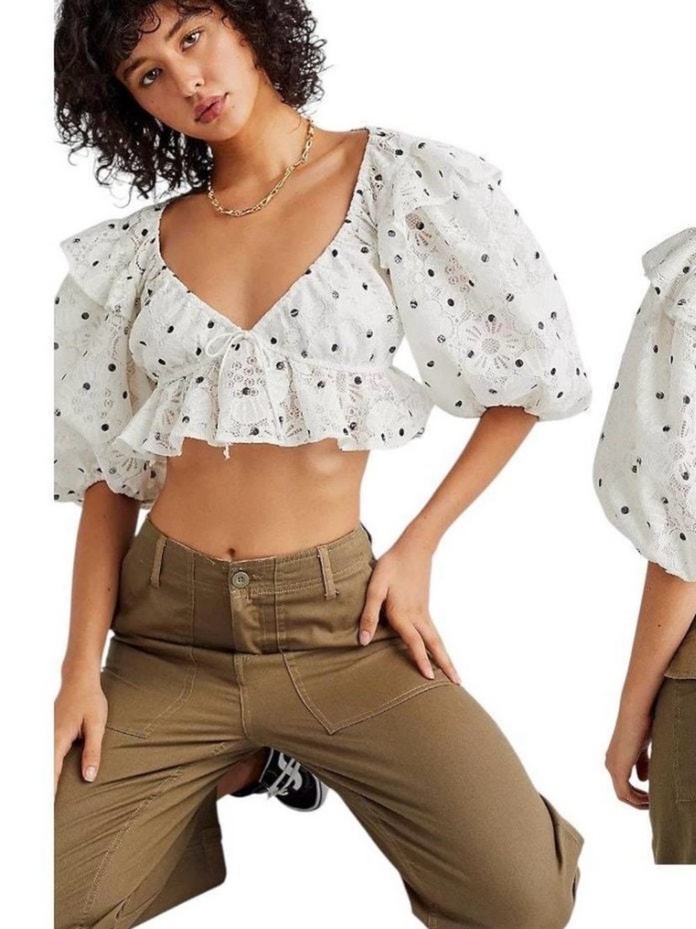 For Love And Lemons White Eyelet Ruffle Crop Top with Puff Sleeves